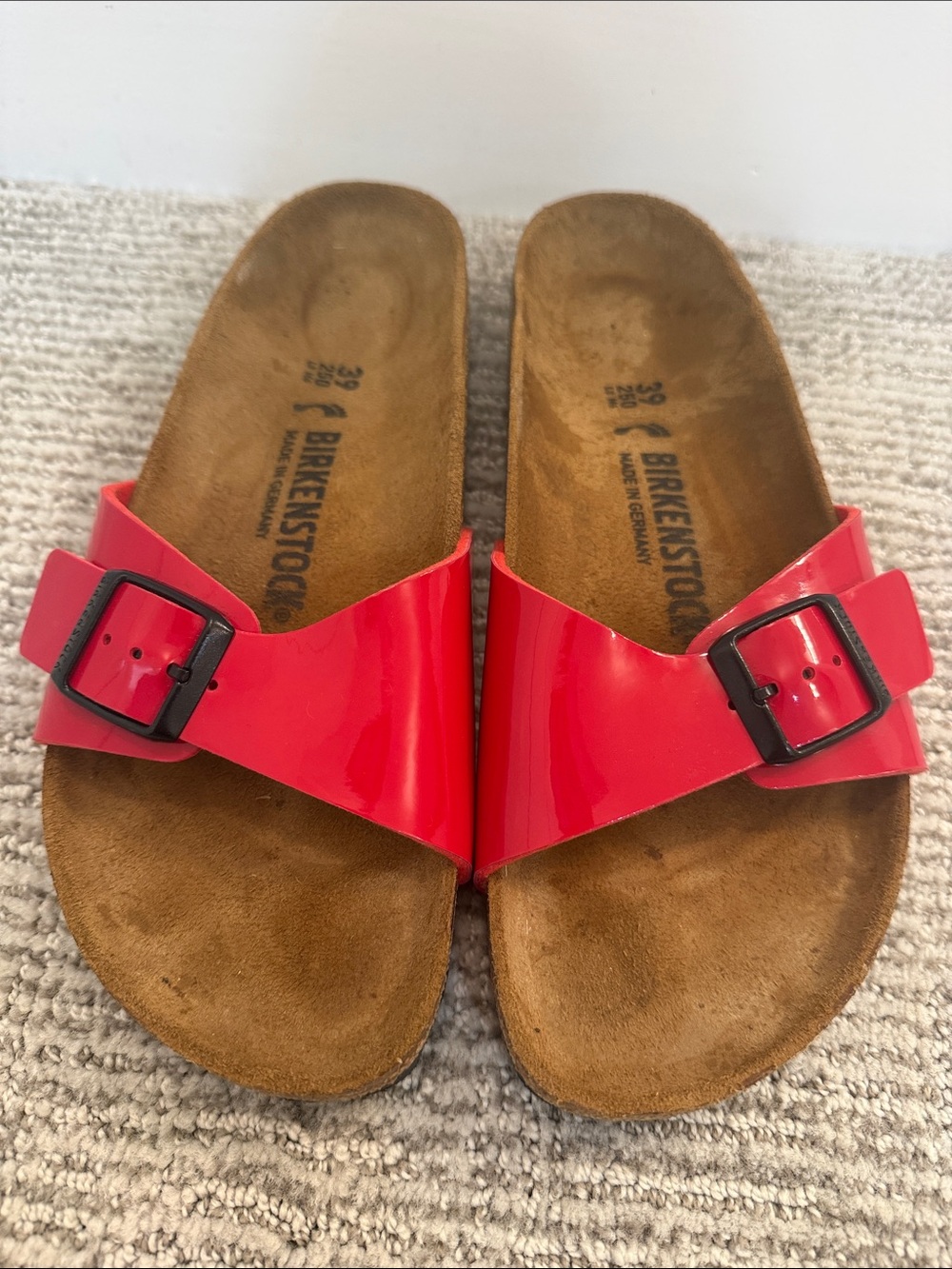 Birkenstock Madrid Patent Slide Sandals in Bright Red with Black Buckles